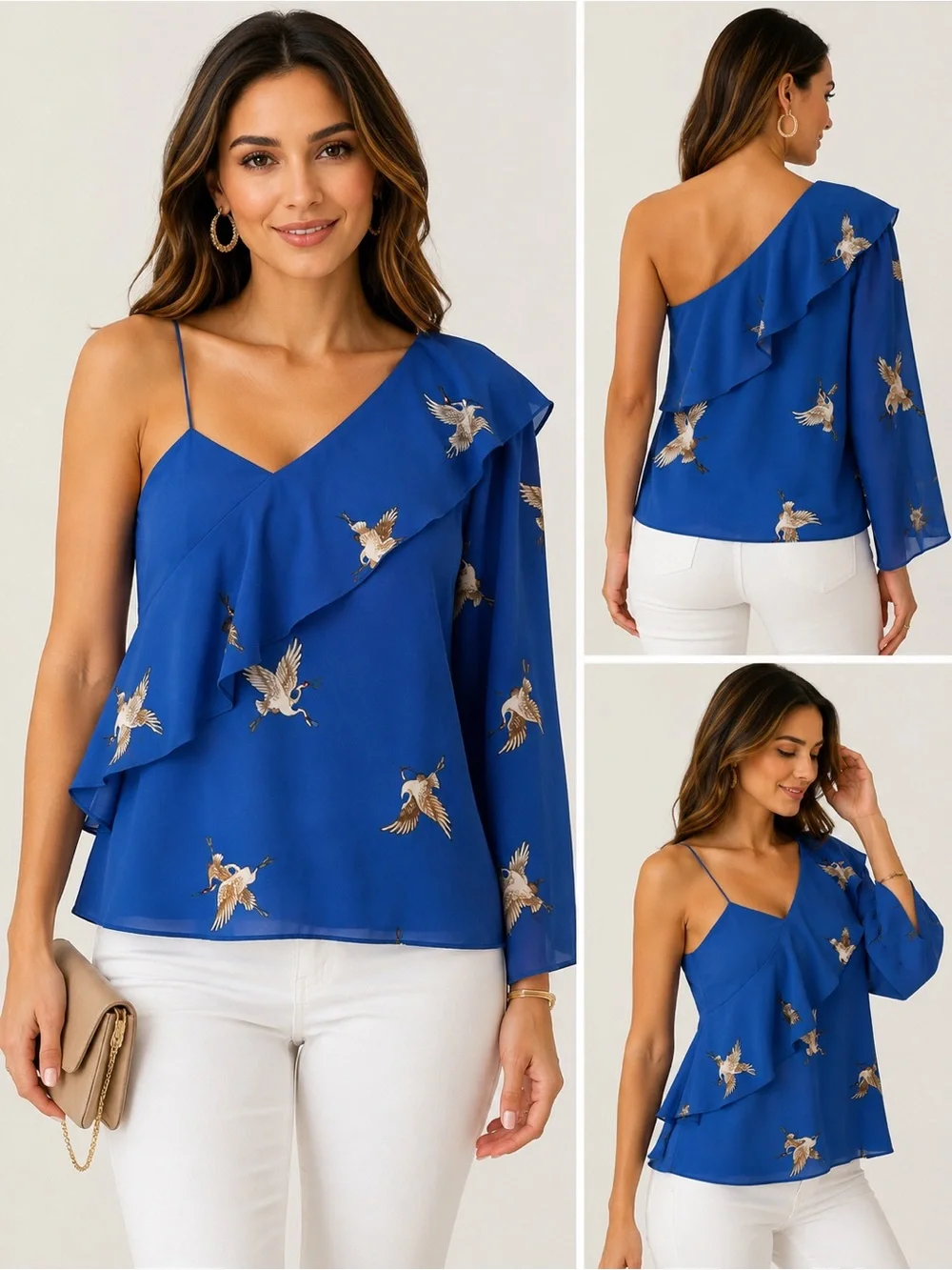 Belle Sky Womens Blue Crane Print One Shoulder Ruffle Blouse Size M - Picture 1 of 8